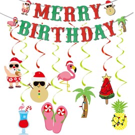 Merry Birthday Party Banner Red and Green Glitter & Christmas Circle Dots Banner for Christmas July Birthday Party Decorations Hawaii Tropical Summer Birthday Decorations Christmas Birthday Party