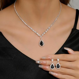 Cubic Zirconia Jewelry Set,Sparkling Rhinestone Waterdrop Pendant Necklace Dangle Earrings,Aesthetic Jewelry Set for Women Bridal Bridesmaid (Black)
