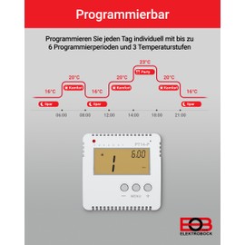 ELEKTROBOCK PT14-P Digital Room Thermostat 230 V Programmable Wall Thermostat with Large Illuminated LCD Display for Electric Heaters Adjustable Weekly Program and Additional Functions