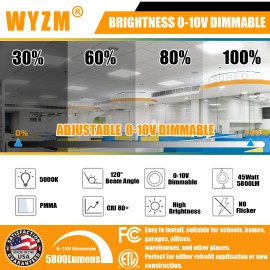 WYZM 2x2 Feet LED Troffer Light- 5800 Lumen - 45Watt Troffer Light - 5000K - Dimmable
