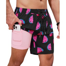 Milin Naco Mens Swim Trunks 7 Inch Inseam Compression Liner 2 in 1 Printed Swimming Short Men Bathing Suit Board Shorts Men's Swim Suits