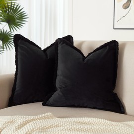 JUSPURBET Pack of 2 Black Decorative Fringe Velvet Throw Pillow Covers 18x18 for Home Decor Living Room Bedroom Car Boho Soft Cushion Cover with Hidden Zipper Machine Washable