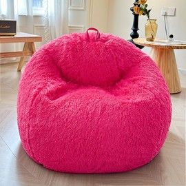 XeGe Fluffy Stuffed Animal Storage Bean Bag Chair Cover(No Filler), Faux Fur Washable Soft Bean Bag Cover for Plush Toys or Textile, Plush Shaggy Large Bean Bag for Adults Kids Teens, Hot Pink