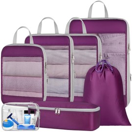 Cambond See Thru Mesh Compression Packing Cubes - 7 Set Packing Cubes for Suitcases, Sturdy Travel Cubes for Carry on Suitcases Travel Essentials with Underwear Bag Shoe Bag Toiletry Bag, Purple