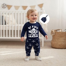 My First Hockey Season Baby Boy Outfits New Player in Town Bodysuit Ice Hockey Jogger Pants Hat Cute 3Pcs Newborn Fall Clothes Welcome Home 3 6 12 18 Months (Blue, 0-3 Months)