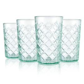 CREATIVELAND Drinking Highball Glasses Set of 4, Vintage Cross Hatch Glass Cups, 16.2oz Tall Drinking Water Glasses, Dishwasher Safe Green Glass Tumbler Glassware for Water, Juice, Cocktail, Coffee