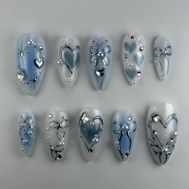 ONPRESS 24Pcs Summer Press on Nails Medium Almond False Nails with 3D Pearl Charms Design Blue Blooming Fake Nails Silver Love Butterfly Glue on Nails Glossy Full Cover Acrylic Nails for Women