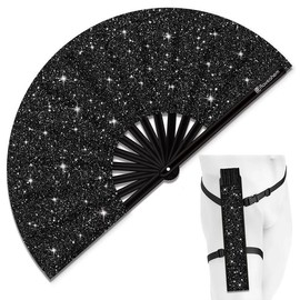 Glitter Large Rave Folding Clack Hand Fan with holster for men women Handheld Fan for EDM,Festival,Club,Party,Dance:_Silver Glitter Fan