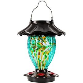 LUJII Solar Powered Color Changing Hummingbird Feeder for Outdoors Hanging, Hand Blown Glass Reservoir, 32 fl.oz, Never Leak, Illuminated Lantern for Garden Decor, for Bird Lover (Teal)