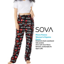 Sova Women's 2-Pack Ultra Comfy Relaxed Fit Micro Fleece Pajama Lounge Pants (XOXO/Grey Stripe, Large)