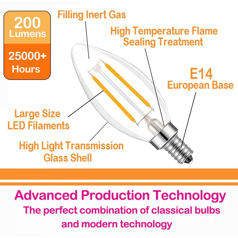 Lamsky E14 European Base LED Filament Edison Bulb, 2W Warm