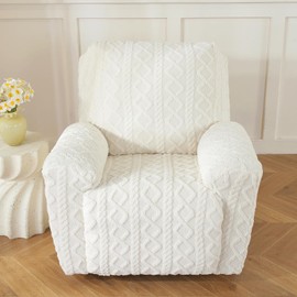 vctops 4 Pieces Geometric Jacquard Plush Recliner Slipcovers Soft Fuzzy Fluffy Sofa Couch Cover Anti-Slip Furniture Protector with Elastic Bottom for Kids Cats Dogs(Cream,1 Seat)