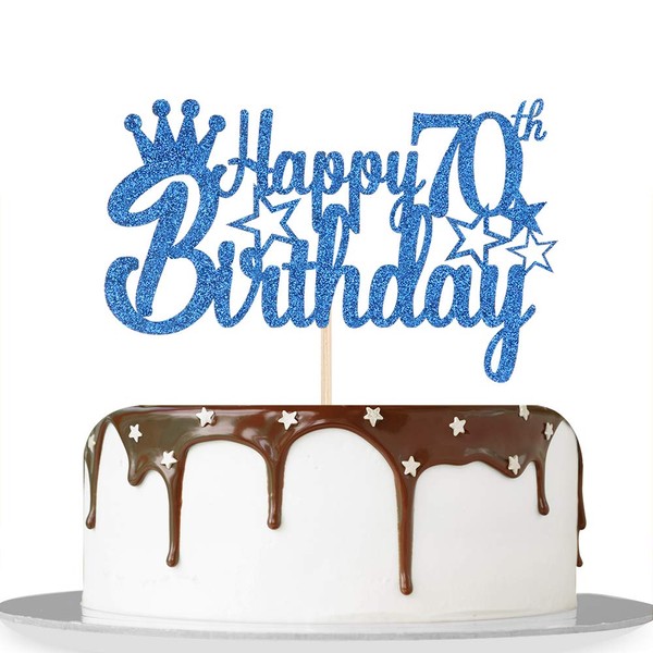 Decoración para tarta de 70 cumpleaños con purpurina azul para fiestas de cumpleaños o 70 años/reina para cumpleaños, 70 años, 70 años, bautizo, decoración de fiestas de jubilación, color de alta calidad