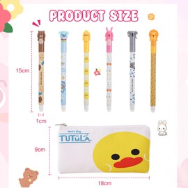 Bogoro 6 Cute Cartoon Blue Ballpoint Pens 0.5 mm with Duckling Pen Bag - Erasable Pen & Cute Storage, Perfect for School & Office (Blue, 0.5 mm, Includes Duckling Bag)