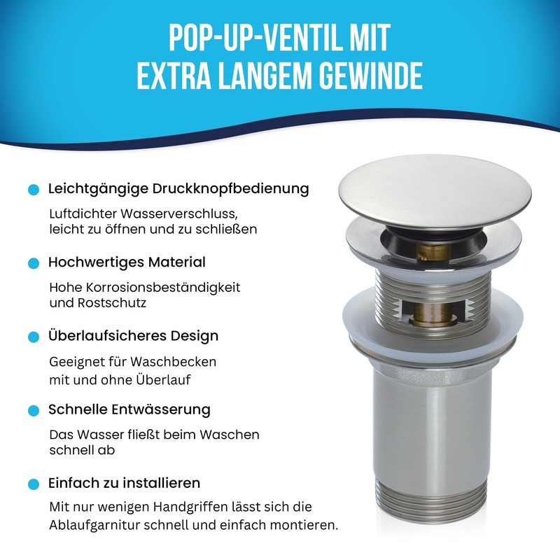 Drain Fitting for Sink with and without Overflow, Click-Clack Valve