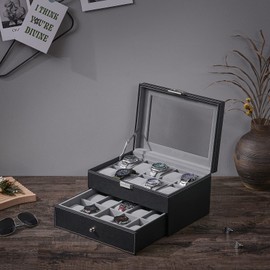 BEWISHOME Watch Box Organizer 20 Men Women Display Storage Case Metal Hinge Black PU Leather Glass Top Large Holder SSH04B