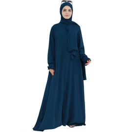 Women Muslim Dress Middle East Arabian Robe Islamic Modest Dress with Hijab Scarf Lace Sleeve Flowy Abaya Dress Blue