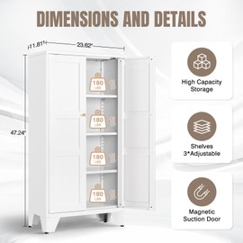 Yizosh Metal Storage Cabinet with Doors and 3 Adjustable Shelves - 47" White Kitchen Pantry Storage Cabinet Locker for Kitchen,Living Room,Dining Room