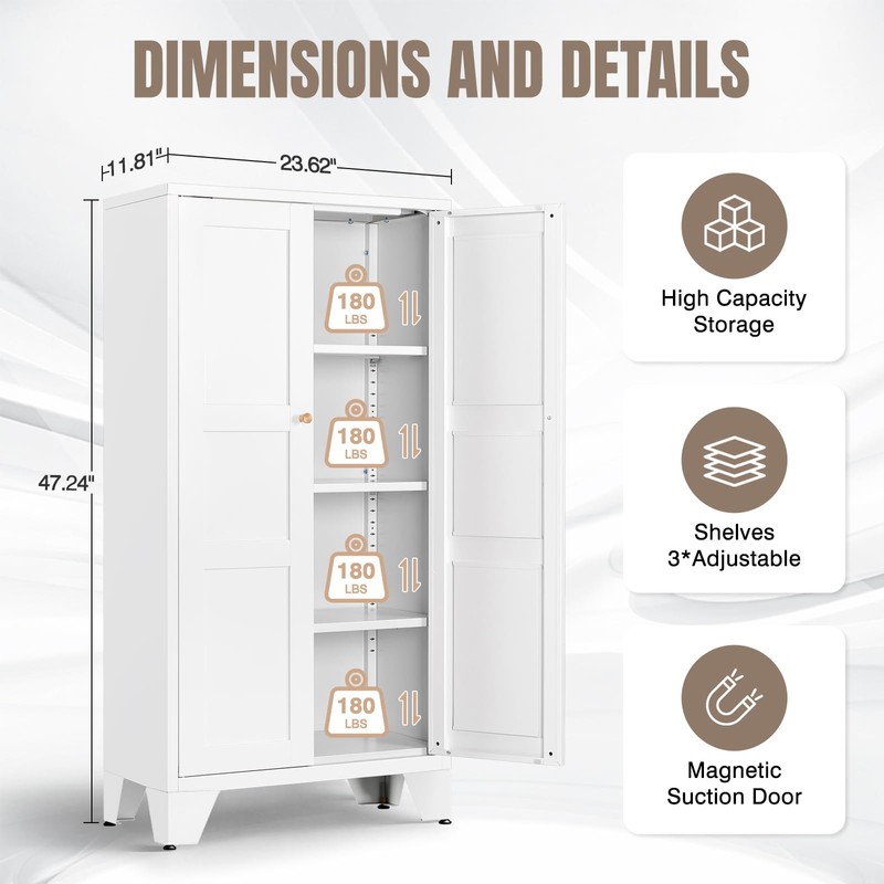 Yizosh Metal Storage Cabinet with Doors and 3 Adjustable Shelves