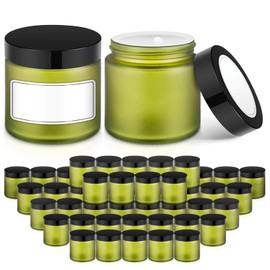 2 oz Small Glass Jars with Lids, Bumobum 48 pack Round Green Glass Candle Jars with Black Lids, White Labels & Inner Liners, Empty Cosmetic Containers for Cream, Lotion, Slime, Ointment