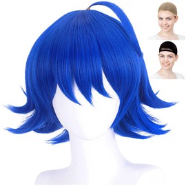 CaseEden WIG5611 Cosplay Wig, Full Wig, Heat Resistant, Short, Ahoo Hair, Blue, Blue Hair