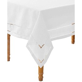 Hem Stitch Embroidered Vintage Design Tablecloth White 68" by 108" Oblong/Rectangle