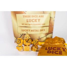 These Dice are Lucky - Lucky Metal Edition | Sir GameAlot Set of 7 Premium Metal Golden RPG Polyhedral Dice with Golden Pouch (Golden Metal Dice Edition)
