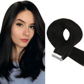 Sunny Black Hair Tape in Extensions Real Human Hair Tape in Hair Extensions Black #1B Natural Tape in Human Hair Extensions Black Hair Extensions Tape in Real Seamless Black Invisible 20 Inch 50g 20pcs