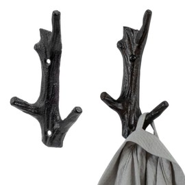MyGift Vintage Dark Brown Cast Iron Tree Branch Design Wall Mounted Decorative Entryway Coat Hanging Hooks or Bathroom Towel and Robe Hangers, Set of 2