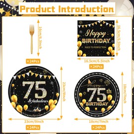 Refavor 75th Birthday Decorations Supplies - 96PCS 75th Birthday Party Plates Tableware Set Black Gold Cheers to 75 Years Birthday Plates Forks Napkins Set 75th Birthday Dinnerware for Men Women