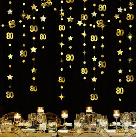 Gold 80th Birthday Decorations, Number 80 Circle Dot Twinkling Star Streamer, Metallic Hanging Streamer, Background, for 65th Birthday Party Supplies