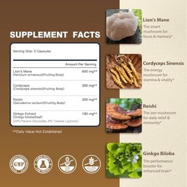 DRFOSTER Lions Mane Supplement Capsules - MYCO3+ Mushrooms with Cordyceps, Reishi & Ginkgo Biloba for Brain & Energy - 90 Caps