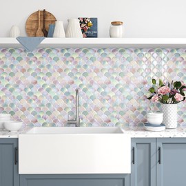 VEELIKE 12-Sheets Fish Scale Tile Peel and Stick Backsplash Pink Mermaid Wall Tiles 12''x12'' Removable Waterproof Backsplash Tile Peel and Stick Renter Friendly Wall Stickers for Bathroom Powder Room