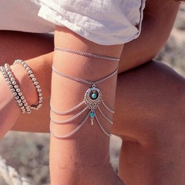 Handcess Boho Anklet Multilayer Silver Turquoise Beads Foot Jewelry Barefoot Sandal Beach Foot Jewelry for Women and Girls