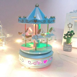 HAOZAIKEJI Carousel Music Box Christmas Luminous Musical Carousel Children Merry-Go-Round Horse Musical Box with Changing Light Wooden Horse Crafts Birthday Present