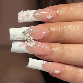 CUZIAM Long Coffin Press on Nails White French Tip with 3D Metal Butterfly Camellia Flower Pearl Charms Designs Full Cover Stick on Nails for Women, Glossy Reusable Soft Gel XL Square Fake False Nails
