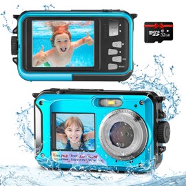 Helangel Digital Camera Waterproof Full HD 2.7K 48MP Underwater Camera Digital Zoom 16X Camera Waterproof Dual Screen Camera for Teens Students Beginners Blue
