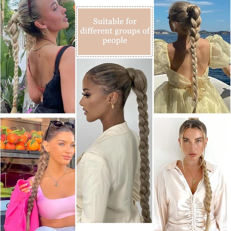 Long Ponytail Extension, 60cm Long Braided Ponytail with Tie Ponytail