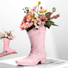 CroBlissful Cowgirl Boot Vase for Book Shelf Ceramic Cowboy Decoration Arrangements Nice Western Country Accent Vase Unique Boot Planter for Modern Aesthetic Room Wedding Decor(Pink,5.9 Inch)