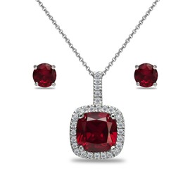 GemStar USA Sterling Silver Synthetic Ruby and White Topaz Cushion-Cut Pendant Necklace & Stud Earrings Set