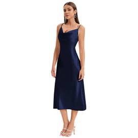 Women's Spaghetti Strap Midi Satin Slik Dress Cowl Neck Long Slip Ruched Evening Dress Party Cocktail (US, Alpha, Large, Regular, Regular, Blue)