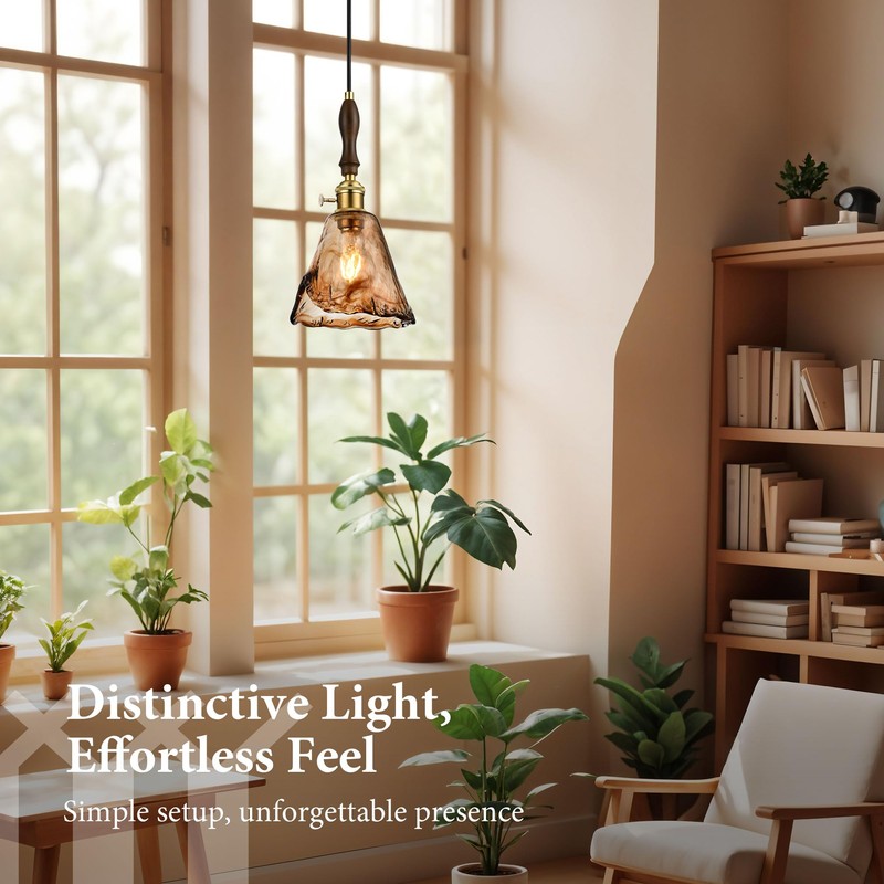 LUXWELL Modern Amber Glass Pendant Light, 6"x11.5" Floral Bell-Shaped Hanging