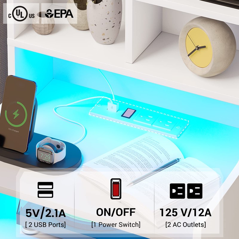 BTHFST Tall Nightstand with Charging Station and LED Lights, White
