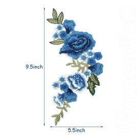 Framendino, 1Pair Blue Rose Embroidery Patch Beautiful Flowers Embroidered Iron On Applique Patches for Clothes