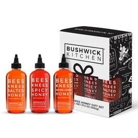 Bushwick Kitchen Bees Knees Honey Sampler Gift Box, Set Includes Spicy Honey, Meyer Lemon Honey, Salted Honey Sauces, Honey Inspired Recipes, Bushwick Kitchen Tea Towel, and Ready-to-Gift Box
