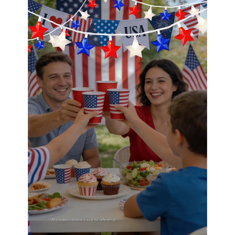 20-Light Patriotic Star String Lights, Red White and Blue LED