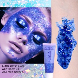 Prreal Body Glitter Gel 50 ml, Face Glitters Body Gel Sequins Shimmer Liquid Eyeshadow, Chunky Glitter for Face Hair Nails, Holographic Cosmetic Laser Powder Festival Glitter Makeup #Blue