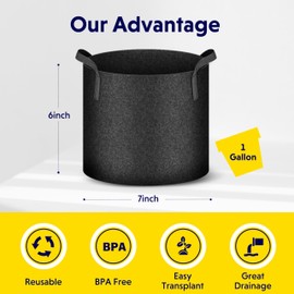 iPower 5 Pack 1 Gallon Grow Bags Heavy Duty 300G Thickened Nonwoven Fabric Plant Pots with 5 Labels & Handles for Outdoor Garden, Aeration Planter Bags for Fruits, Vegetables, Tomato & Flowers, Black