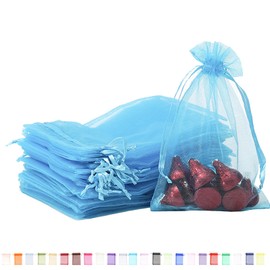 100pk Lake Blue Organza Gift Bags,9x12cm Small Organza Favor Bags,Wedding Jewelry Pouches with Drawstring,Mesh Candy Favour Bag Party Sweet Bags for Birthday,Wedding,Christmas,Gift Wrapping