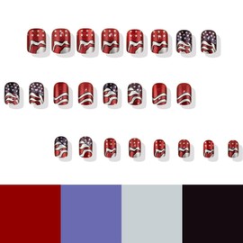 Press on Nails Short Square French Tips Nails Glue on Patriotic False Nails Star Designs Independence Day Acrylic Nails USA America Fake Nails Coffin Fourth of July Nails for Women 24Pcs